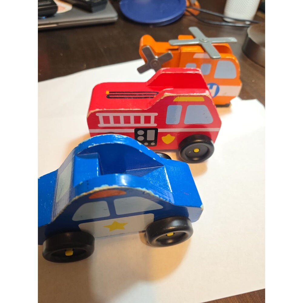 Melissa & Doug Wooden Emergency Vehicle Set Police Fire Truck Helicopter